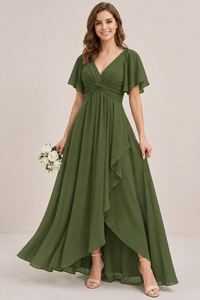 Dusty Blue Chiffon Bridesmaid Dress with Flutter Sleeves & High-Low Hem