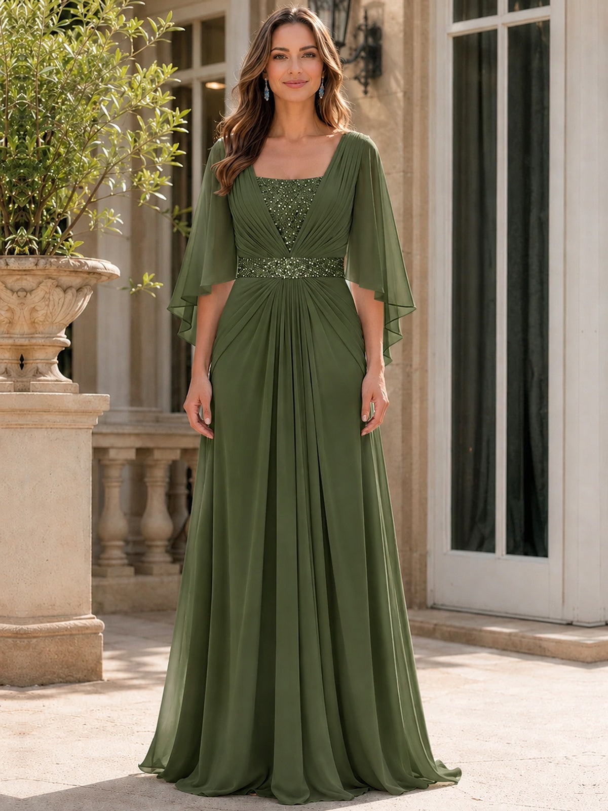 Elegant V-Neck Sequined Chiffon Mother of the Bride Dress with Flutter Sleeves