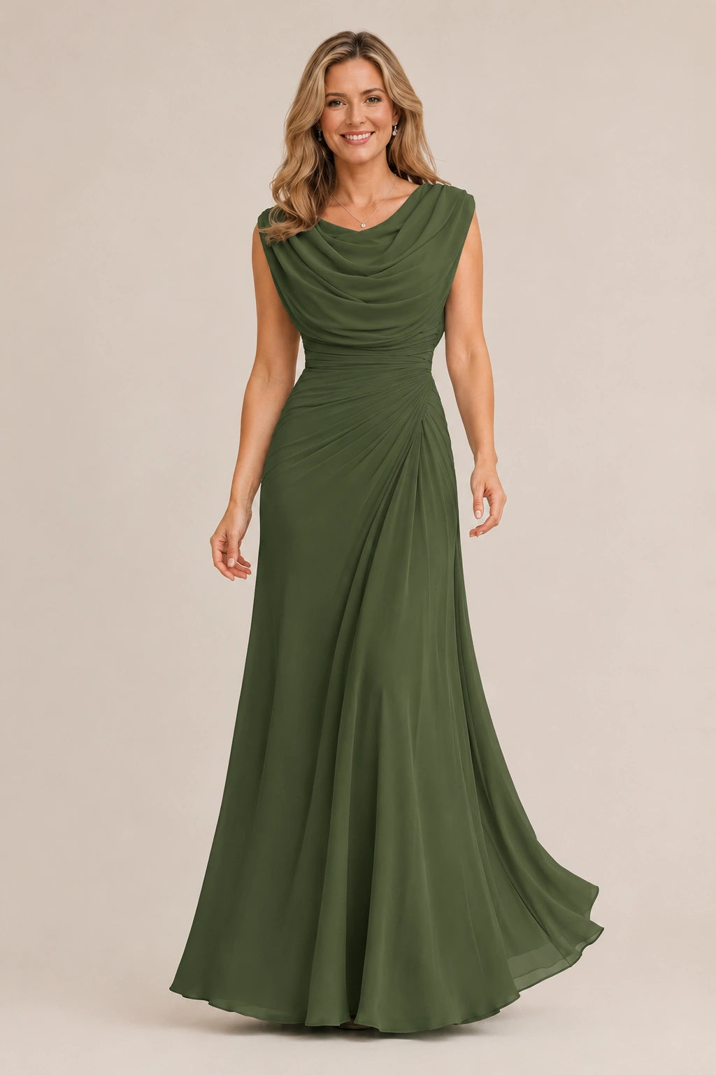 Cowl Neck Ruched Chiffon Mother of the Bride Dress