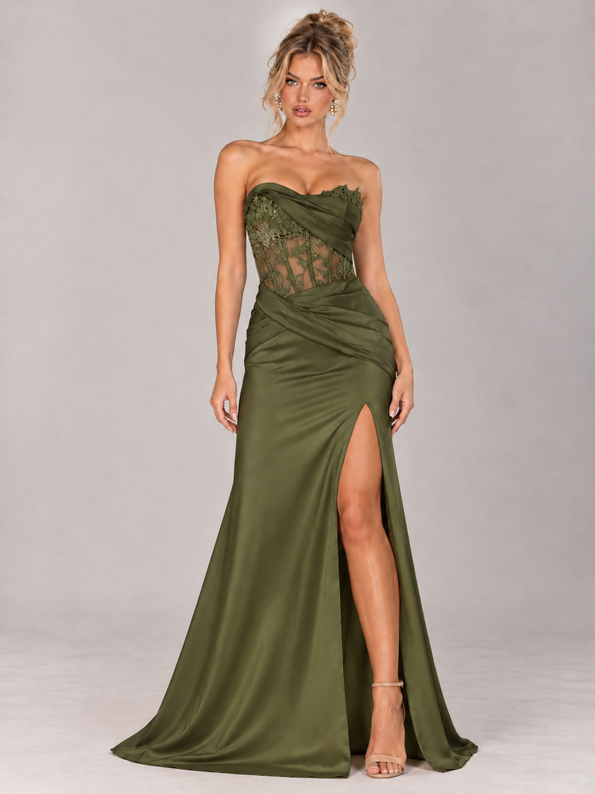 Strapless Satin Prom Dress with Sheer Lace Corset & High Slit