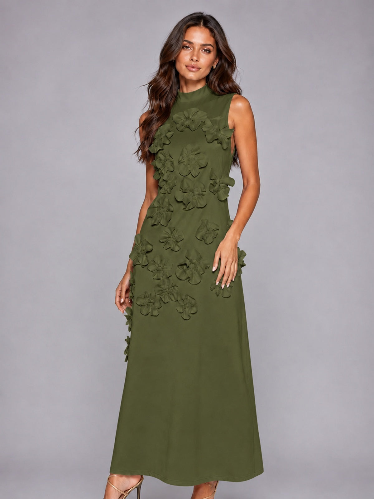 3D Floral Applique High Neck Prom Maxi Dress
