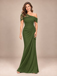 Olive Green-Lace One Shoulder Chiffon Ruched Mother of The Bride Dresses