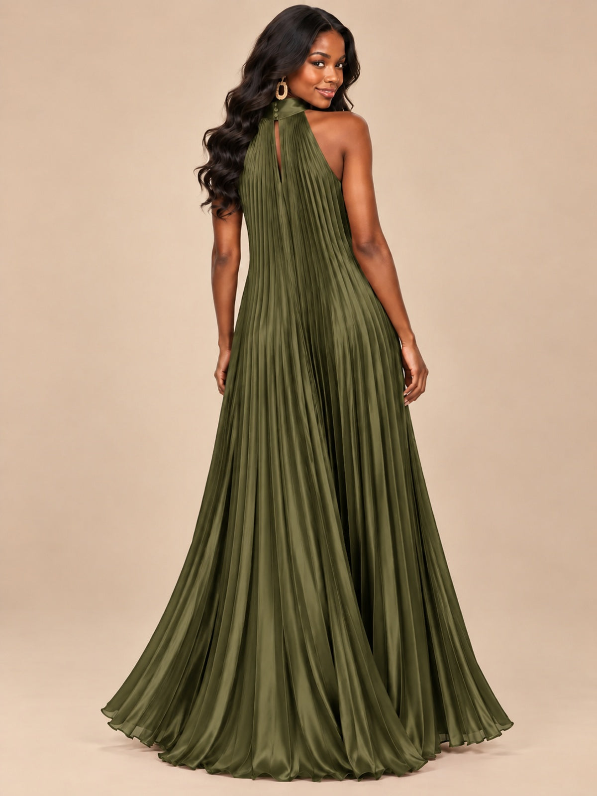 Rust Orange Pleated Halter Neck Maxi Dress