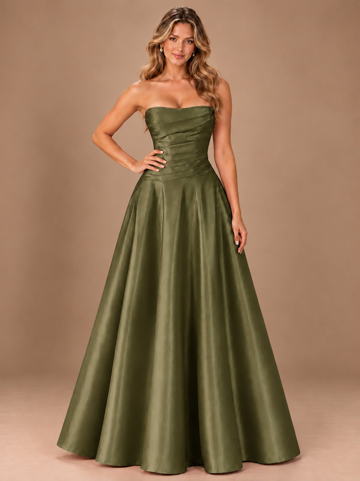 Blush Pink Strapless Satin A-Line Prom Dress with Ruched Bodice