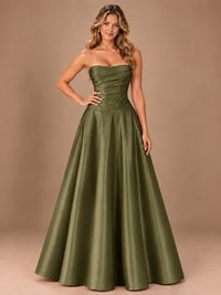 Blush Pink Strapless Satin A-Line Prom Dress with Ruched Bodice
