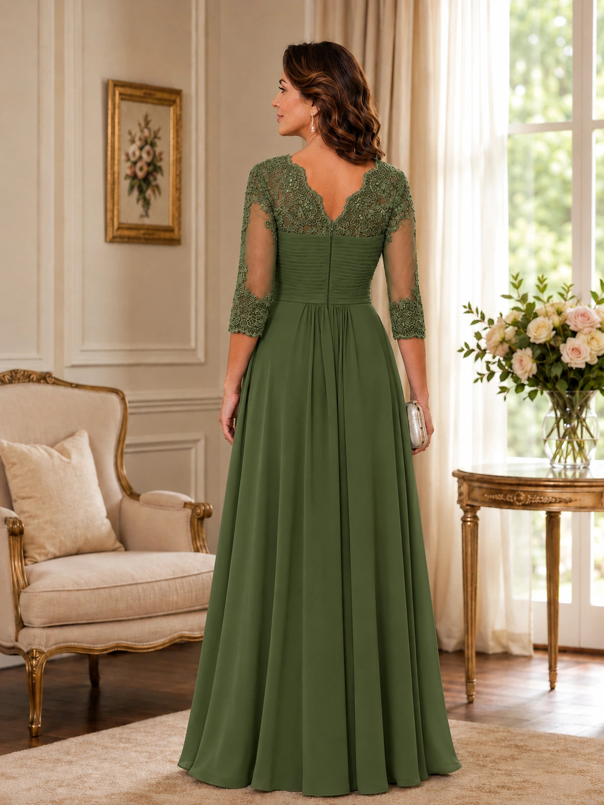 Chiffon Lace Applique Mother of the Bride Dress with 3/4 Sleeves