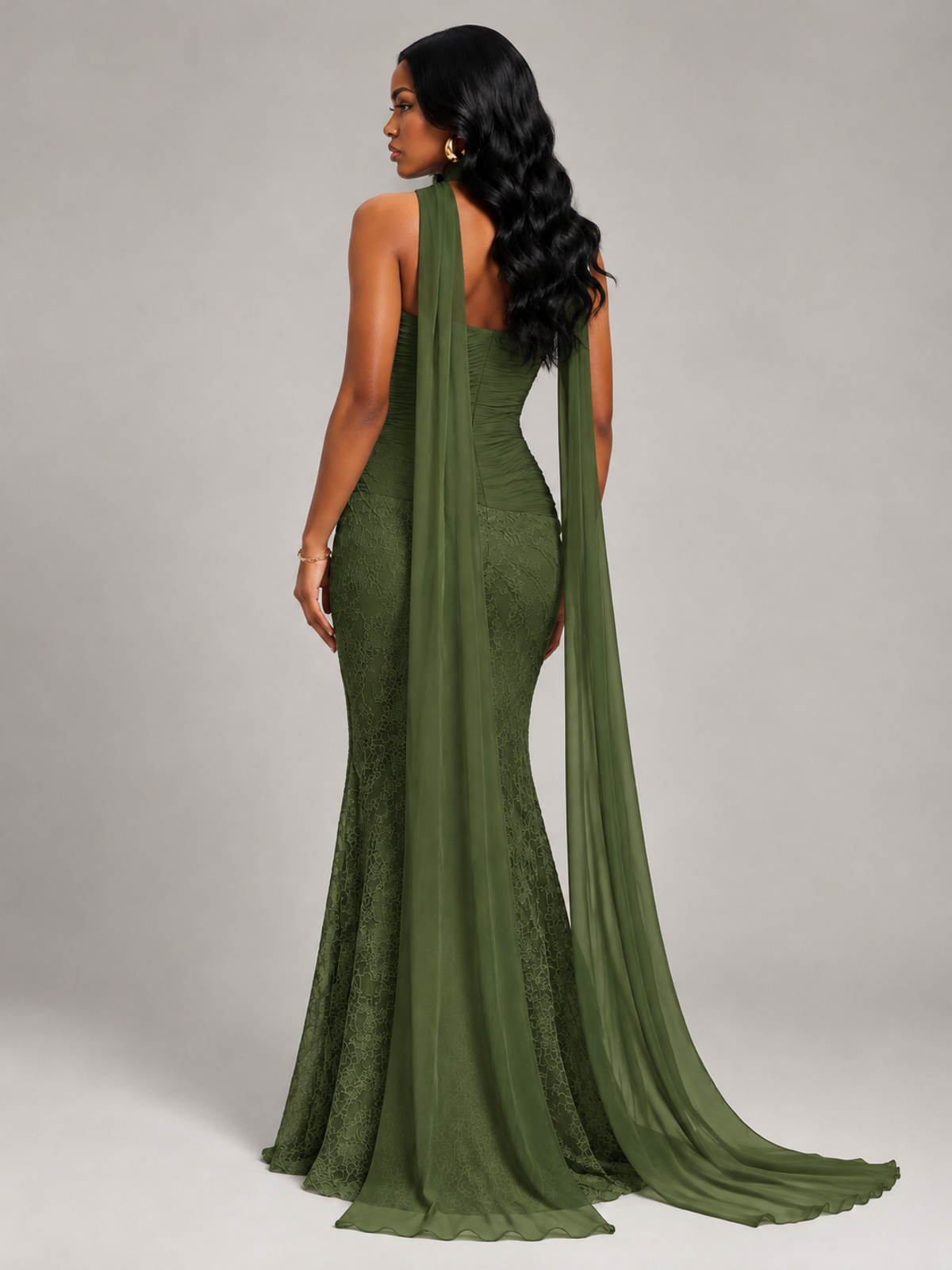 Pleated Chiffon Lace Prom Dresses Long Bodycon Mermaid with Scarf