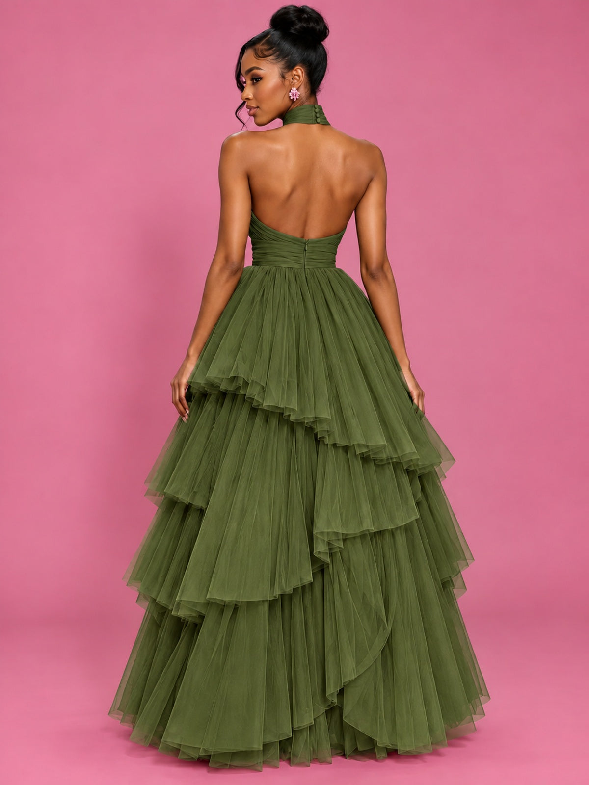 Hot Pink Tulle Halter Neck Tiered Ruffle Maxi Dress