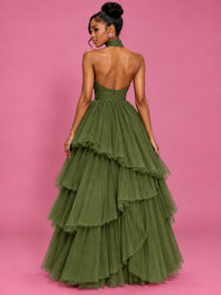 Hot Pink Tulle Halter Neck Tiered Ruffle Maxi Dress