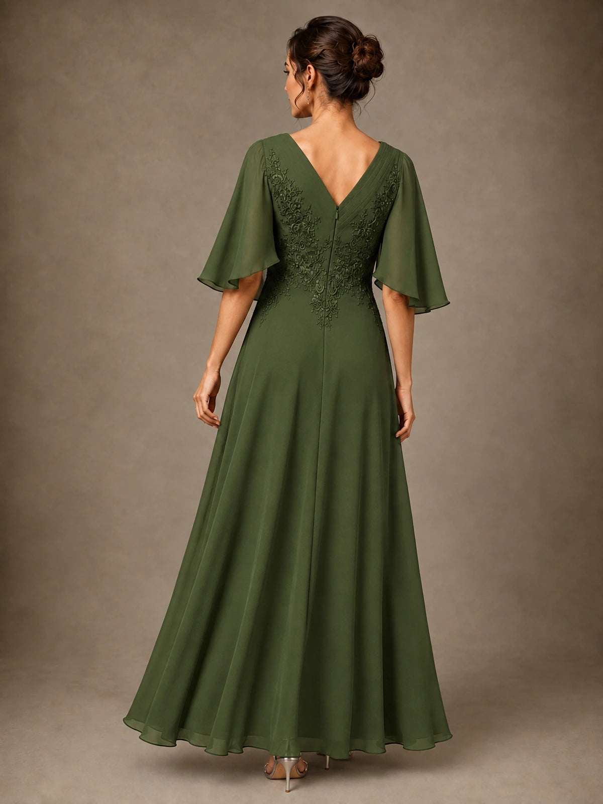 V-Neck Chiffon Lace Mother of the Bride Dress with Flutter Sleeves