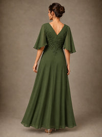 V-Neck Chiffon Lace Mother of the Bride Dress with Flutter Sleeves