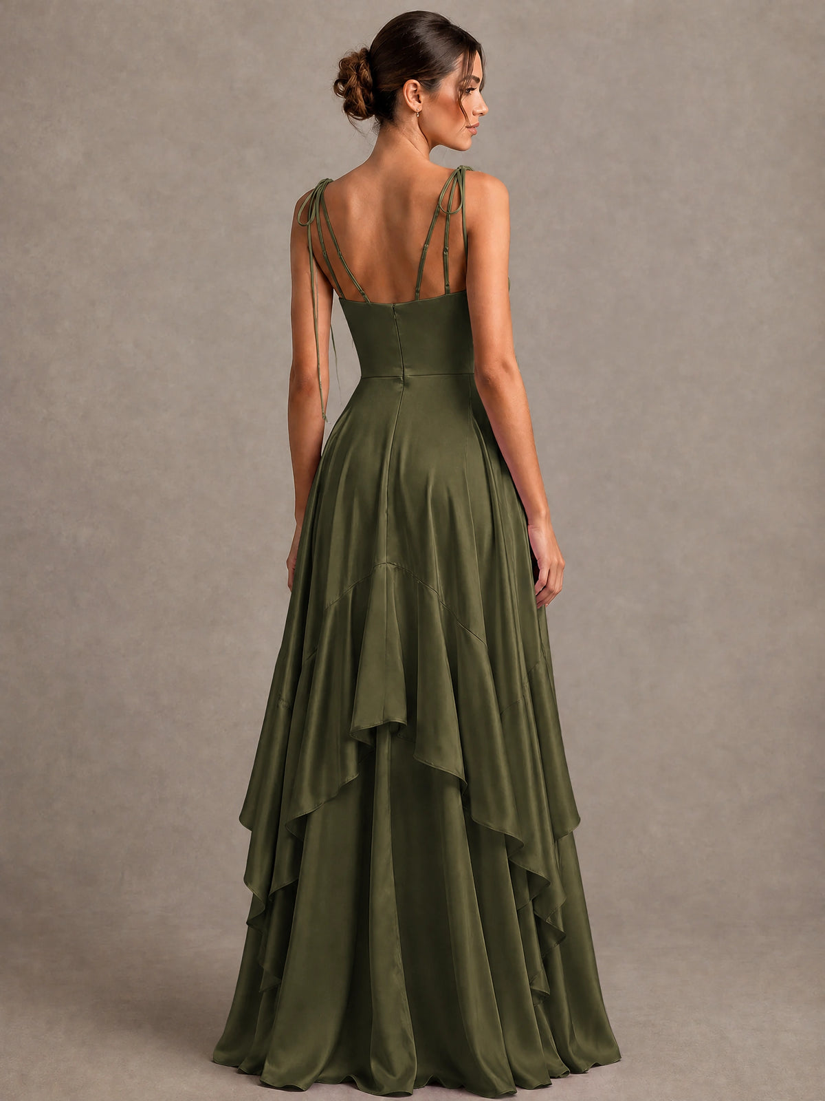 Lavender Satin V-Neck Ruffle Maxi Dress