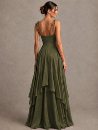 Lavender Satin V-Neck Ruffle Maxi Dress