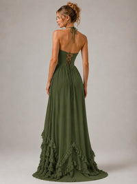 Halter V Neck Chiffon Formal Dress with Lace-Up Back and Ruffle Hem