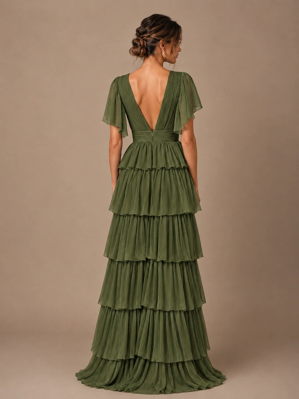 Chiffon V-Neck Tiered Ruffle Bridesmaid Dress with Slit