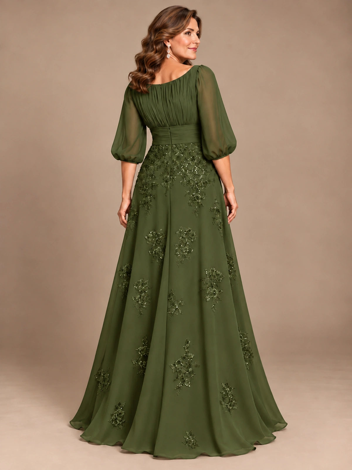 A-Line Mother of the Bride Dress with Sheer Puff Sleeves
