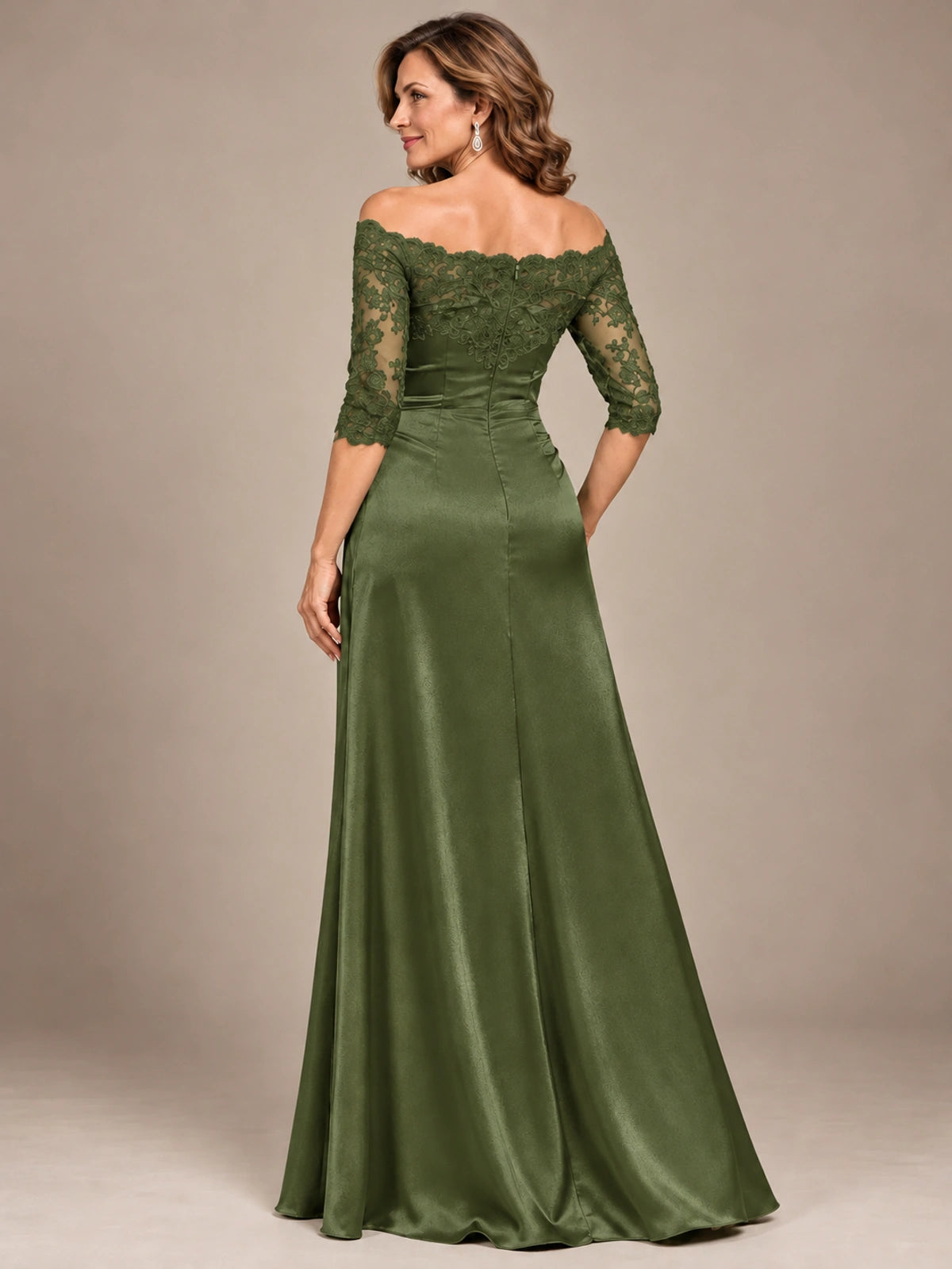 Satin Mother of the Bride Dress with Lace Sleeves Off Shoulder Formal Gown