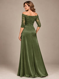 Satin Mother of the Bride Dress with Lace Sleeves Off Shoulder Formal Gown