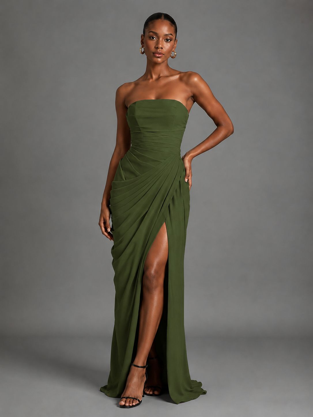 Strapless Bodycon Pleated Chiffon Formal Dress with Slit