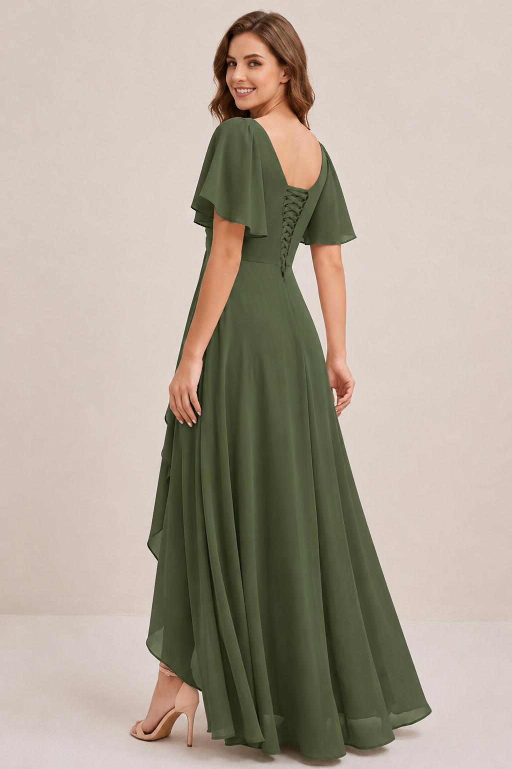Dusty Blue Chiffon Bridesmaid Dress with Flutter Sleeves & High-Low Hem