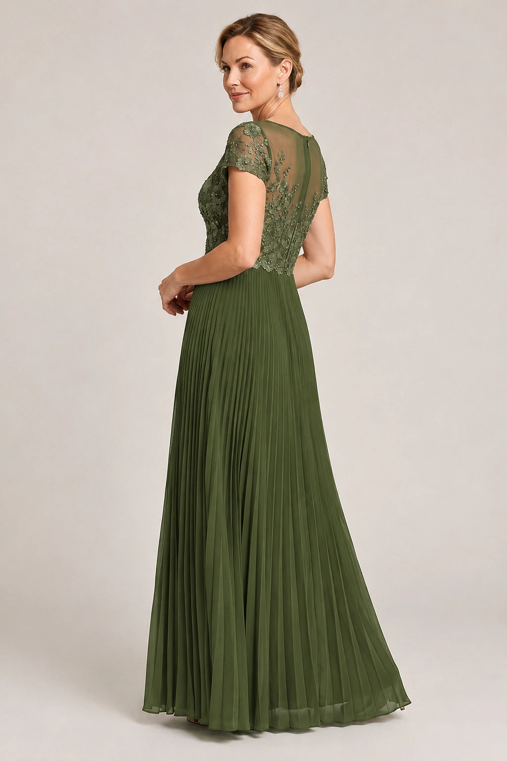 Embroidered Lace Pleated Mother of the Bride Dress