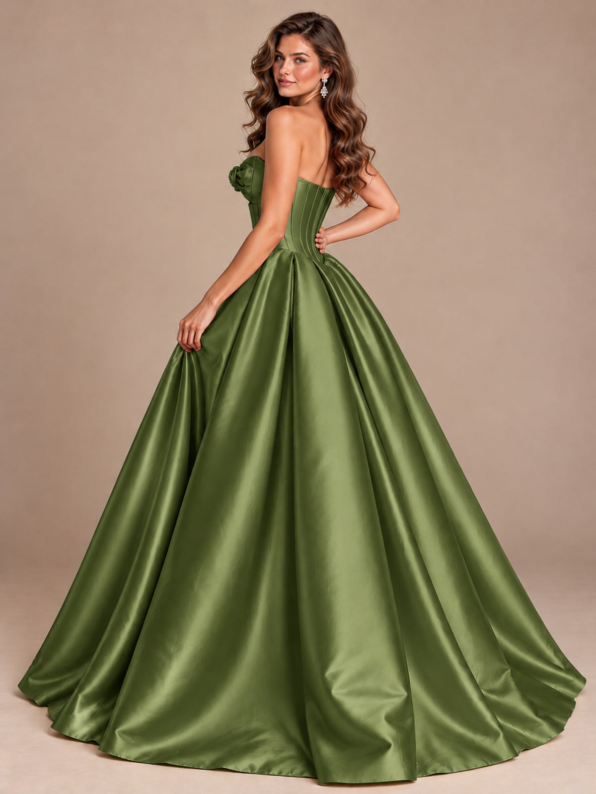 Pink Strapless Corset Satin Prom Derss & Ball Gown with 3D Floral