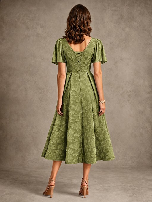 V-Neck Floral Jacquard Tea-Length Mother of the Bride Dress