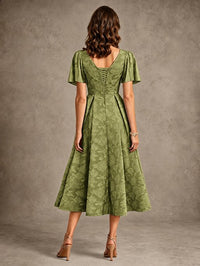 V-Neck Floral Jacquard Tea-Length Mother of the Bride Dress