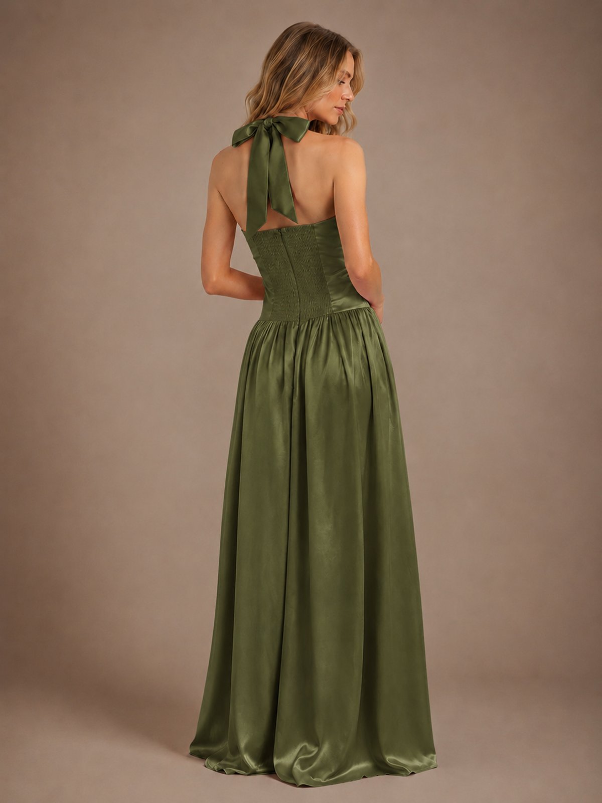 Pink V Neck Halter Satin Maxi Dress