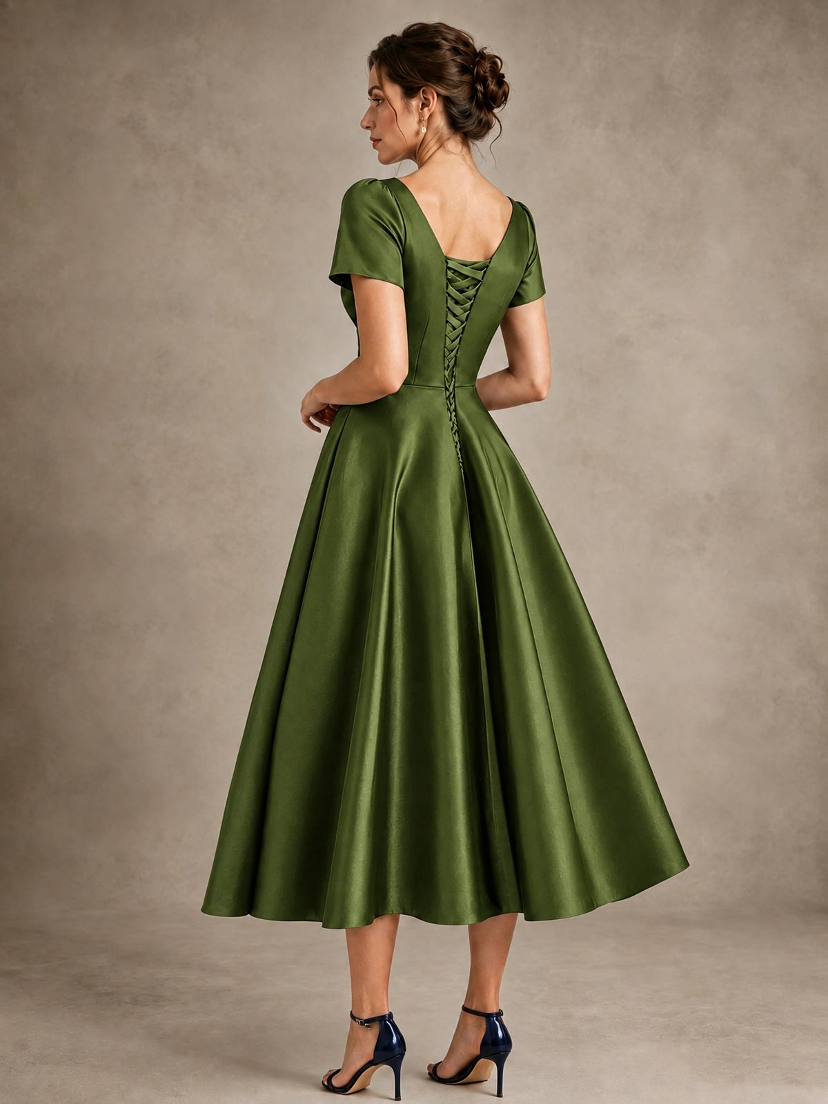 V-Neck Tea-Length Satin Mother of the Bride Dress with Bow