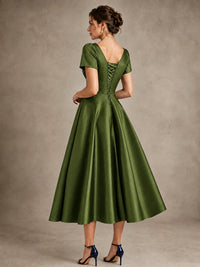 V-Neck Tea-Length Satin Mother of the Bride Dress with Bow