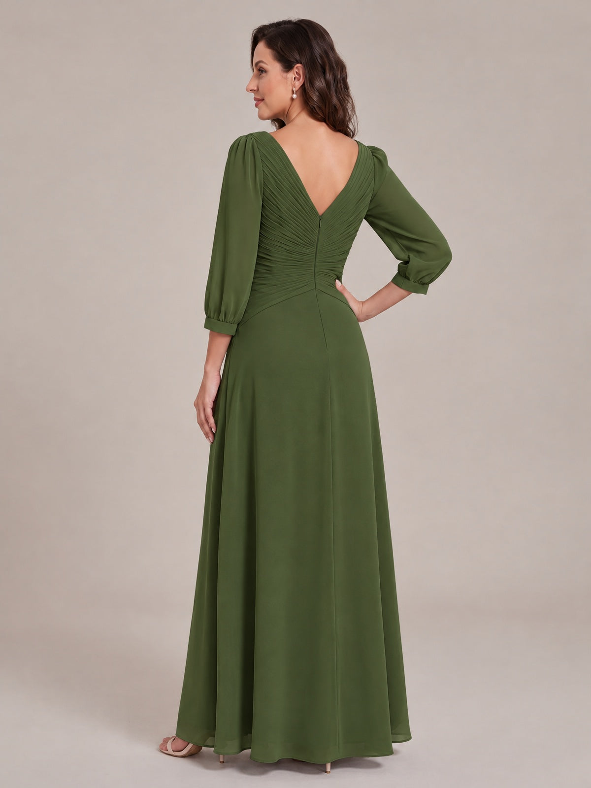 V-Neck Pleated Chiffon Mother of the Bride Dress with Flutter Sleeves