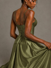 Lavender V Neck Satin Prom Dress with Spaghetti Straps