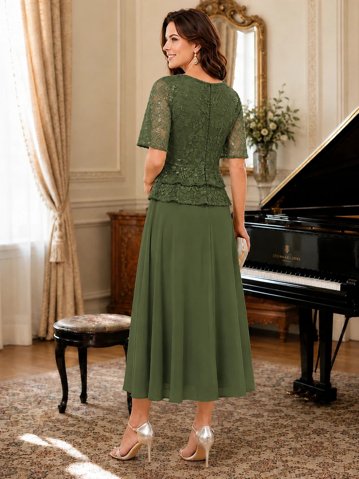 Tea-Length Chiffon Mother of the Bride Dress with Sequin Lace Sleeves