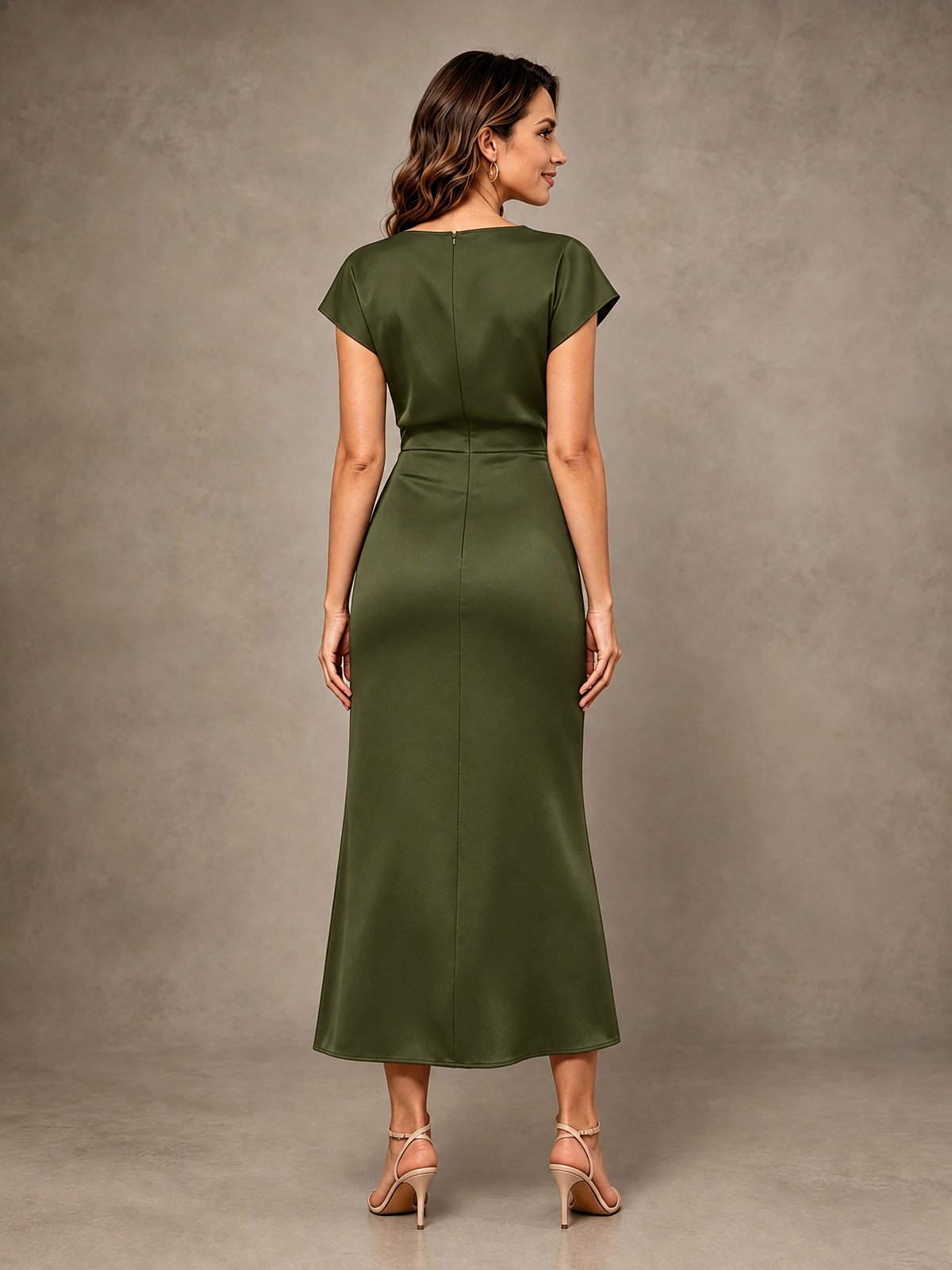 Cowl Neck Satin Mother of the Bride Dress with Ruched Waist
