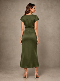 Cowl Neck Satin Mother of the Bride Dress with Ruched Waist