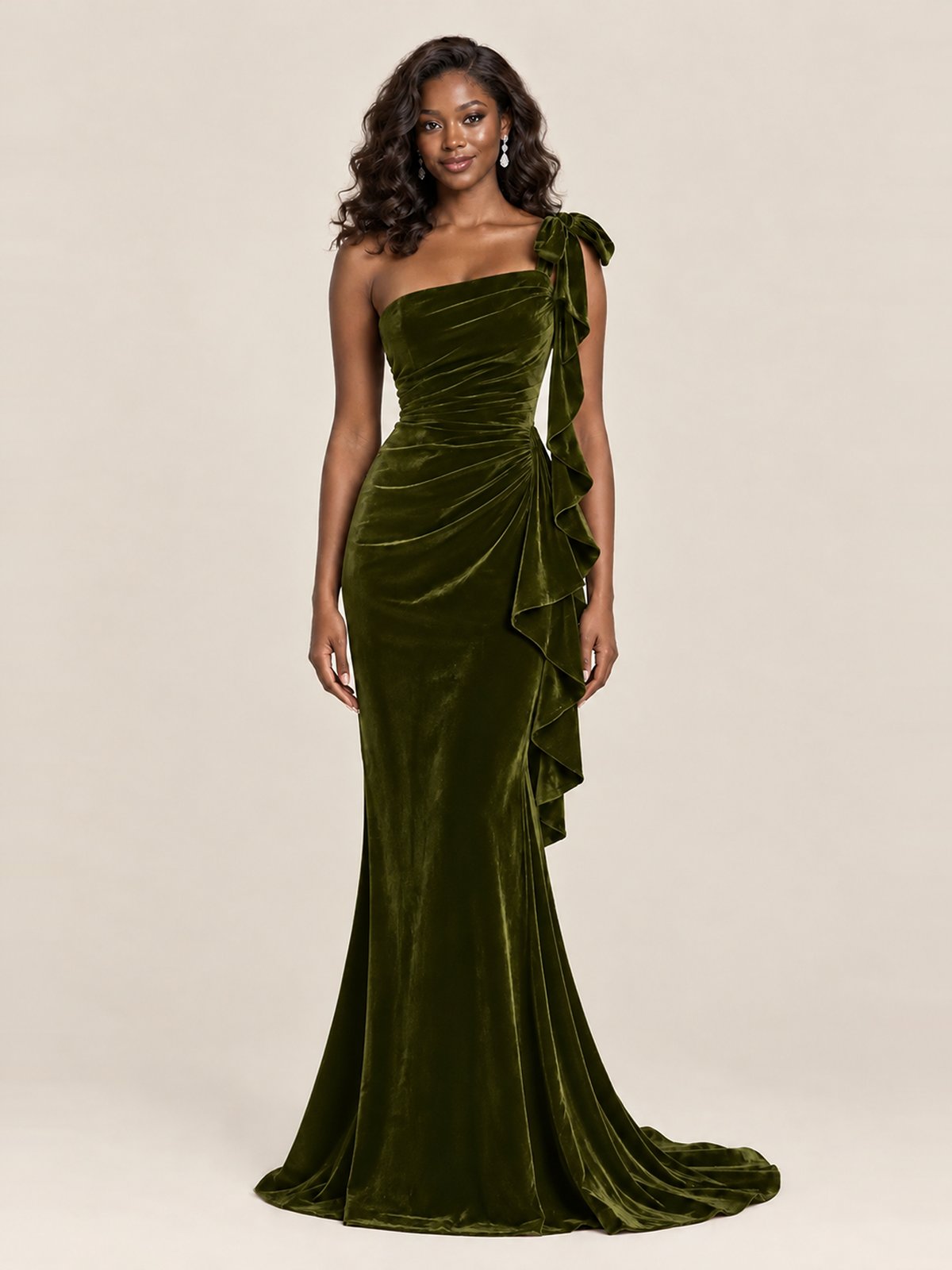 Black Velvet One-Shoulder Mermaid Evening Gown with Bow & Ruffles