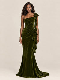 Black Velvet One-Shoulder Mermaid Evening Gown with Bow & Ruffles
