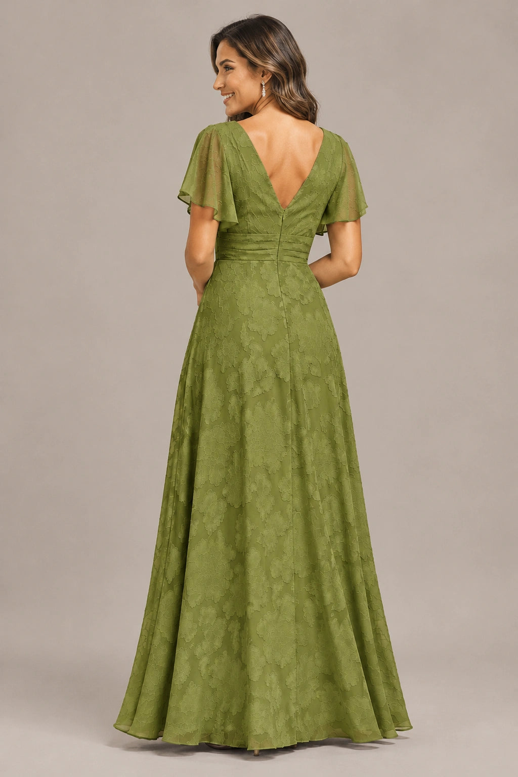 Jovellee Floral Chiffon A-Line Mother of the Bride Dress with Flutter Sleeves