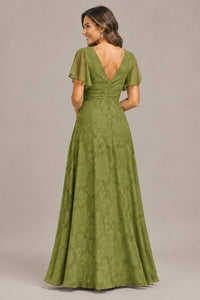 Jovellee Floral Chiffon A-Line Mother of the Bride Dress with Flutter Sleeves