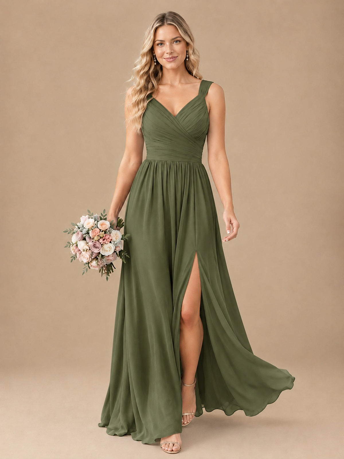 Pleated Chiffon V Neck Wedding Bridesmaid Dresses Floor Length with Slit