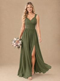 Pleated Chiffon V Neck Wedding Bridesmaid Dresses Floor Length with Slit