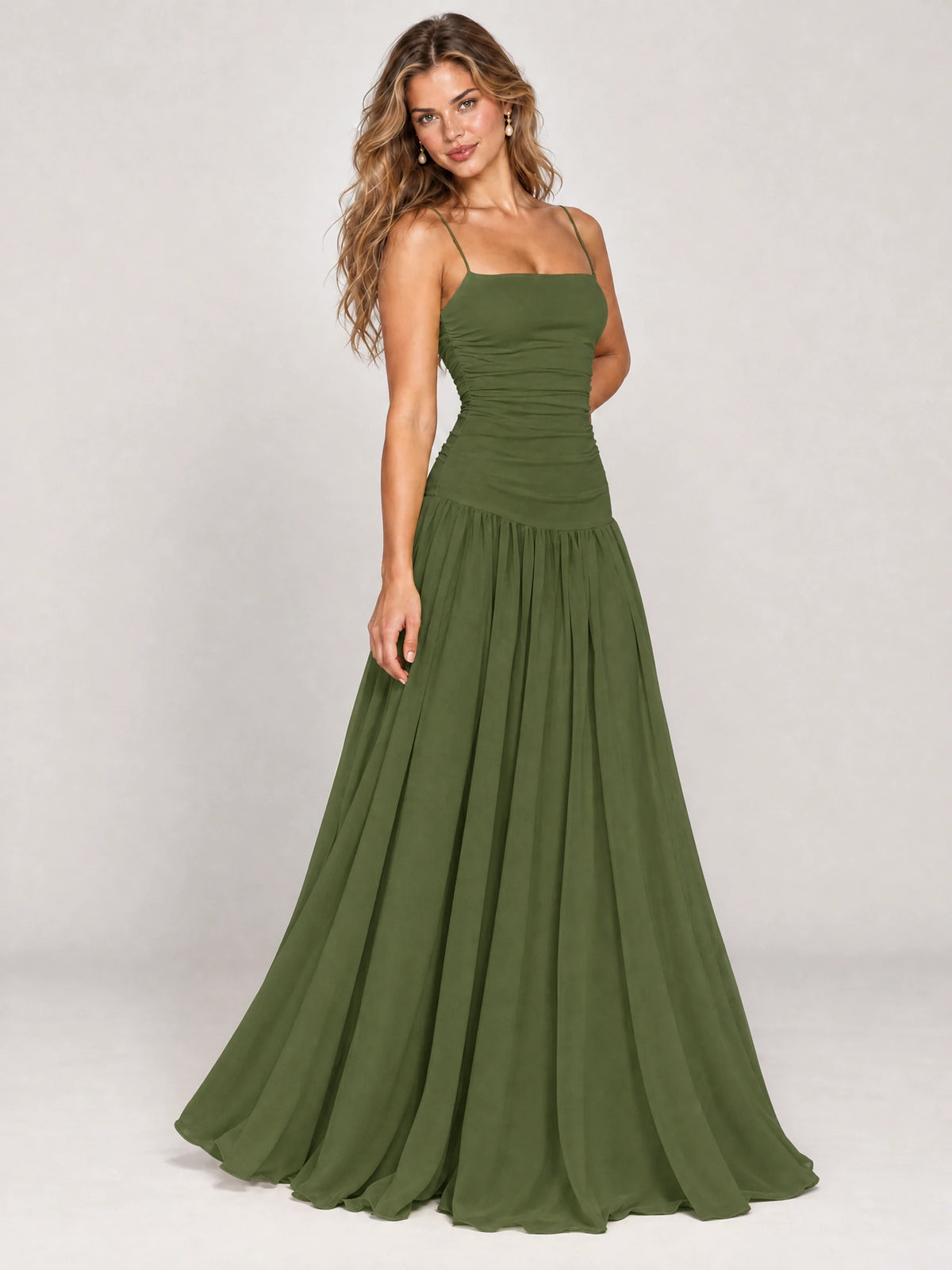 Butter Yellow Ruched Spaghetti Strap Drop-Waist Prom Dress