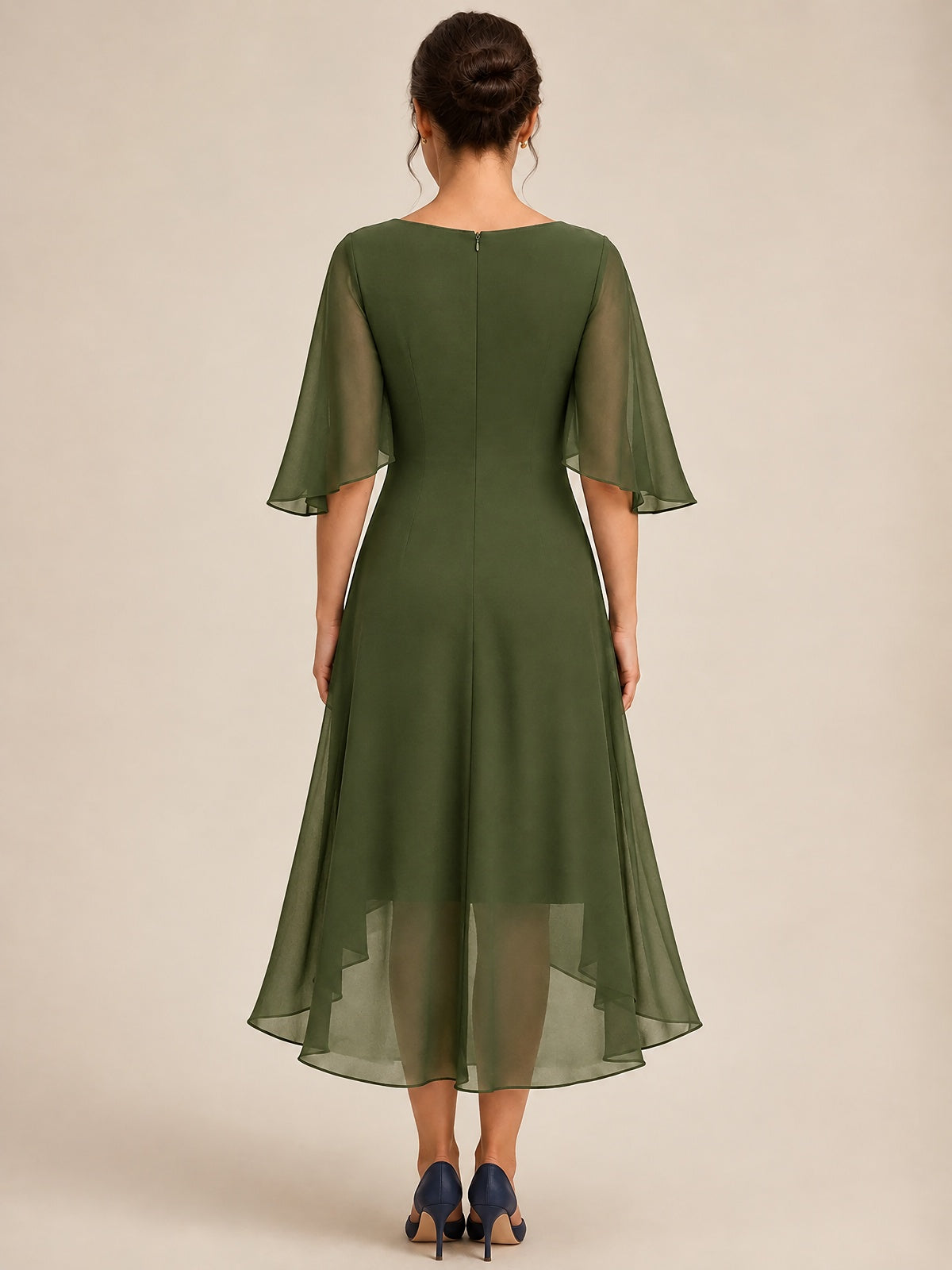 Cowl Neck Ruched Chiffon Mother of the Bride Dresses with Flutter Sleeves