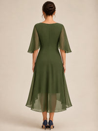 Cowl Neck Ruched Chiffon Mother of the Bride Dresses with Flutter Sleeves