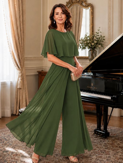Chiffon Mother of the Bride Jumpsuit with Layered Cape Sleeves