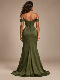 Burgundy Off-the-Shoulder Satin Corset Prom Dress with Slit