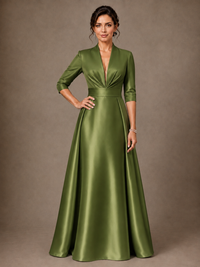 V-Neck Pleated Satin Mother of the Bride Gown with 3/4 Sleeves