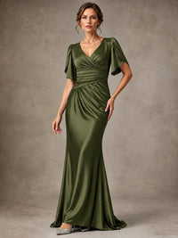 V-Neck Satin Mother of the Bride Dress with Flutter Sleeves