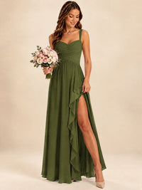 Spaghetti Straps Pleated Chiffon Bridesmaid Dress with Ruffle Slit
